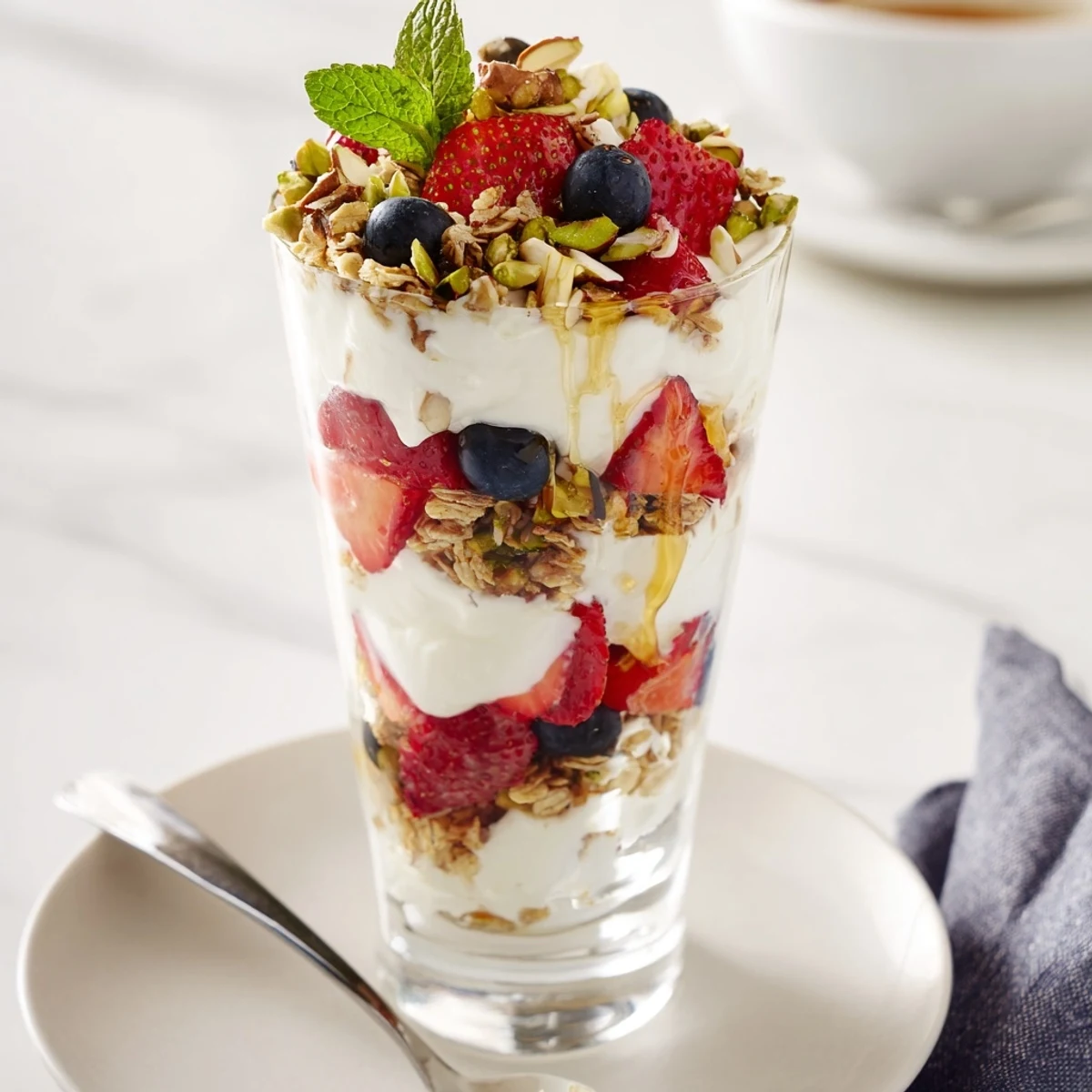 Creamy Greek Yogurt Parfait topped with chopped nuts and bright citrus zest