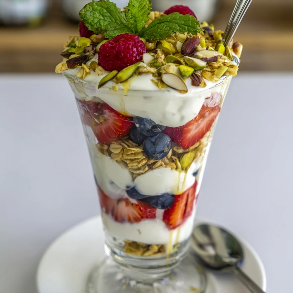 Layered Greek Yogurt Parfait in a mason jar, drizzled with honey
