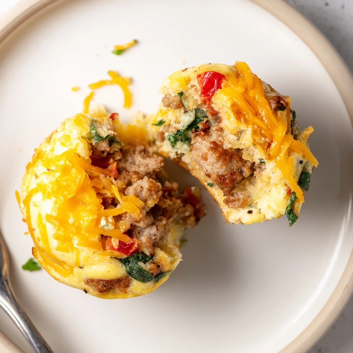 Close up of Turkey Sausage Egg Muffins, fluffy eggs, browned sausage, soft centers