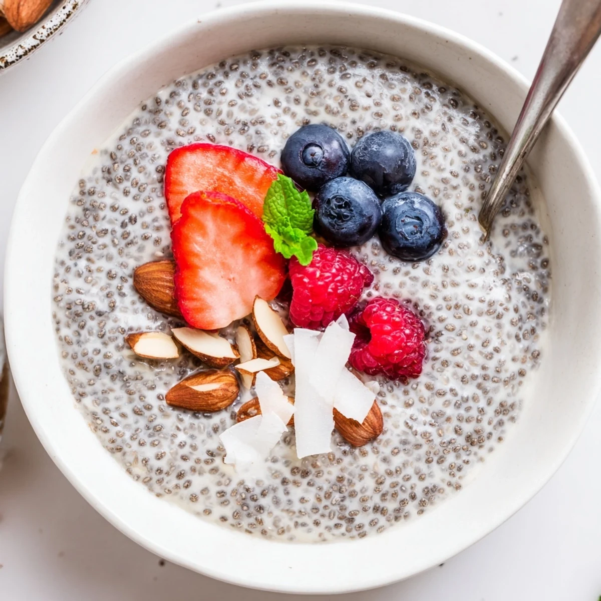 Creamy Chia Seed Pudding topped with fresh berries and toasted almonds