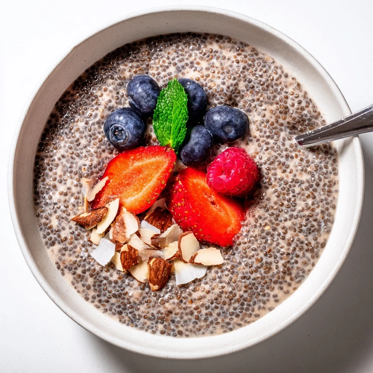 Velvety Chia Seed Pudding layered with berry puree and a drizzle of maple syrup