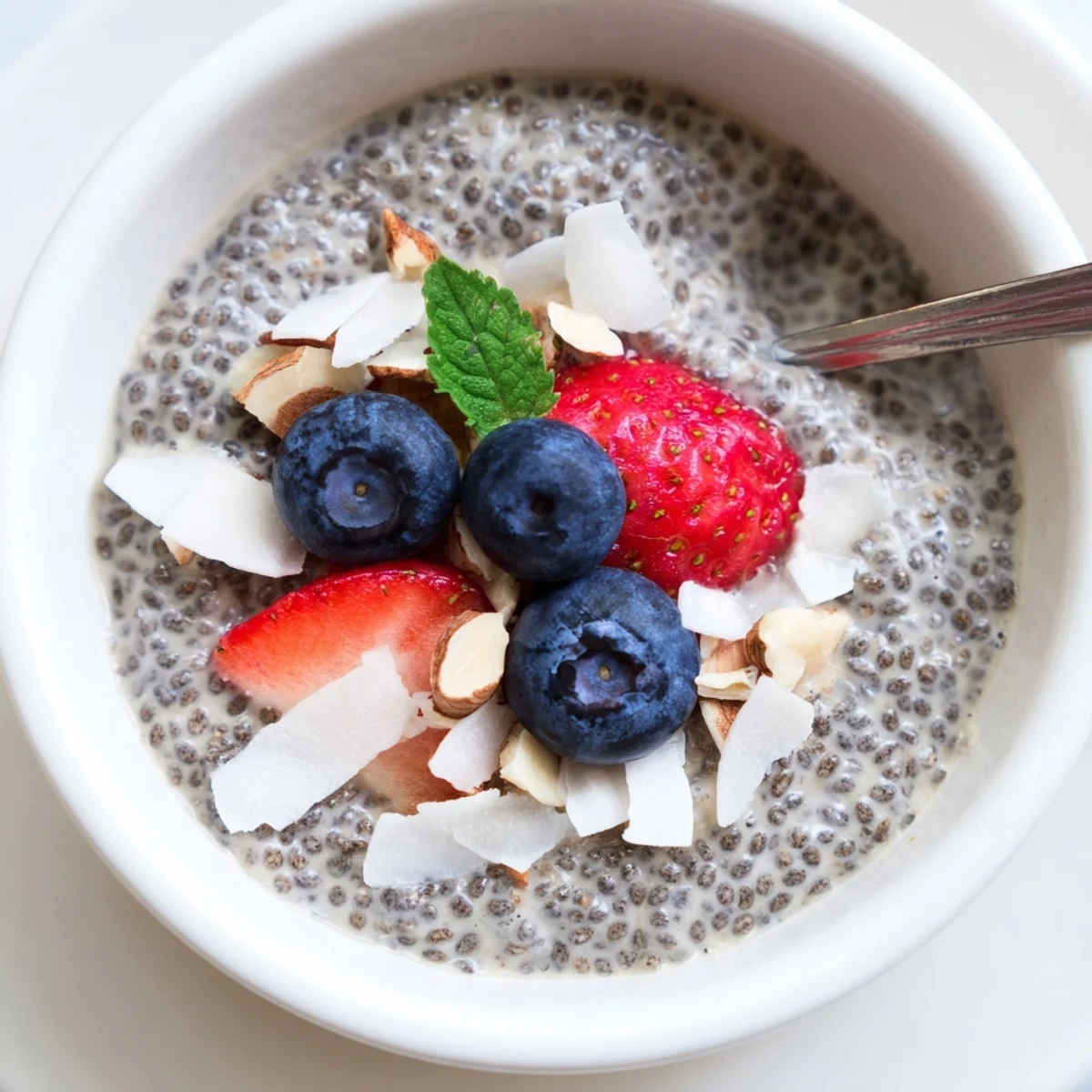 Glass jar of chilled Chia Seed Pudding garnished with mint and coconut