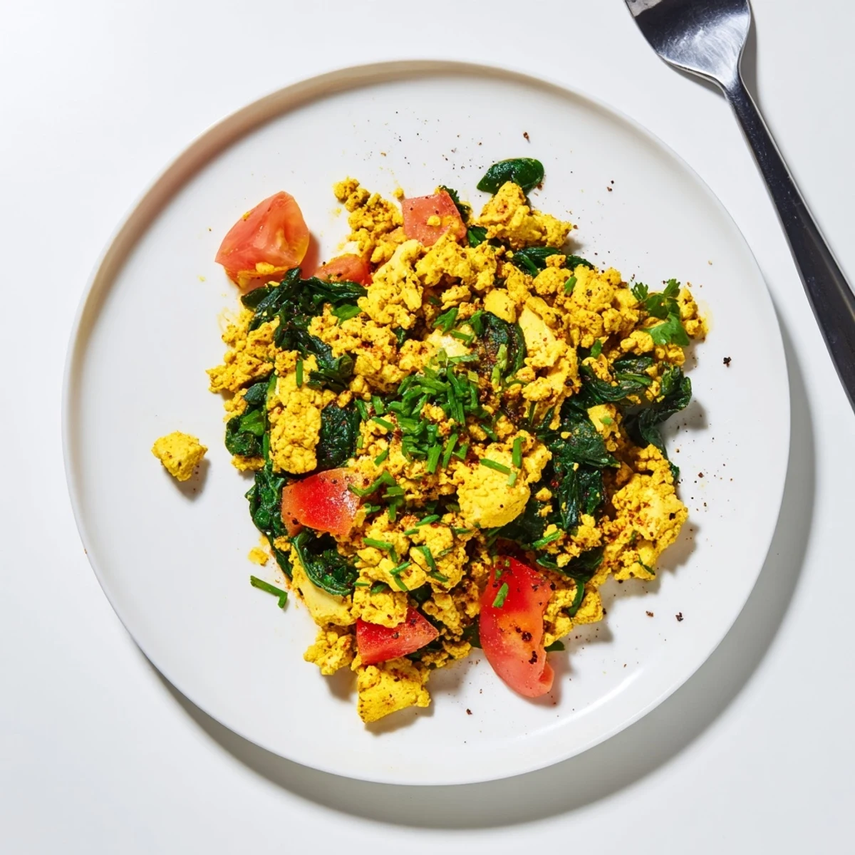 Tofu Scramble sizzling golden in skillet with wilted spinach and toasted bread