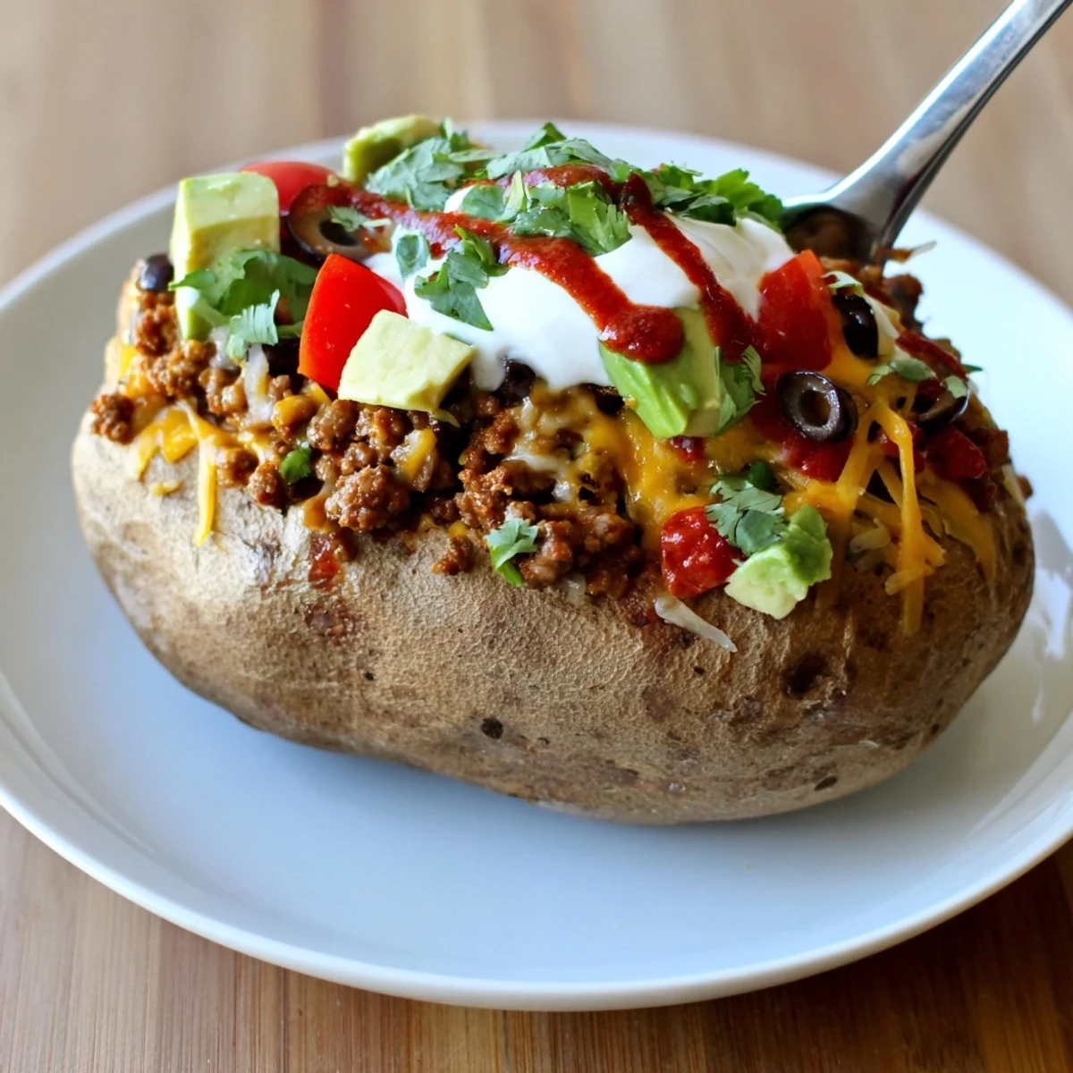 Taco Loaded Baked Potatoes with melted cheddar, creamy avocado, and salsa