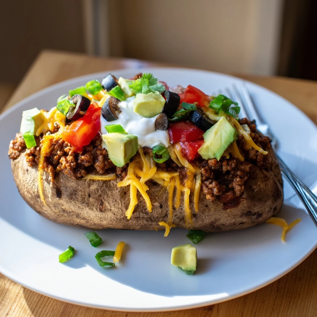 Family-style Taco Loaded Baked Potatoes topped with diced tomatoes, olives, cilantro