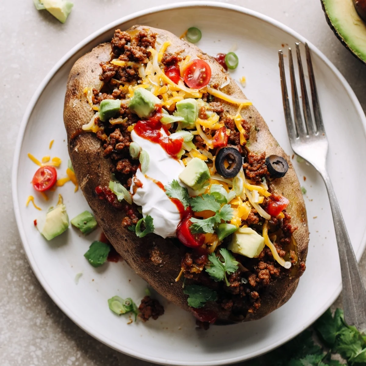 Crisp-skinned Taco Loaded Baked Potatoes overflowing with seasoned beef and sour cream