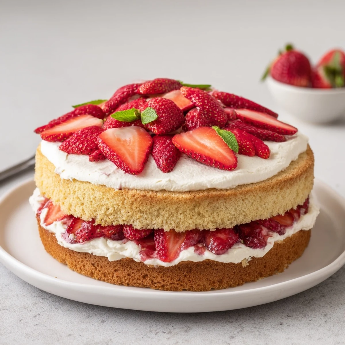 Strawberries And Cream Sponge Cake with pillowy whipped cream and juicy strawberries