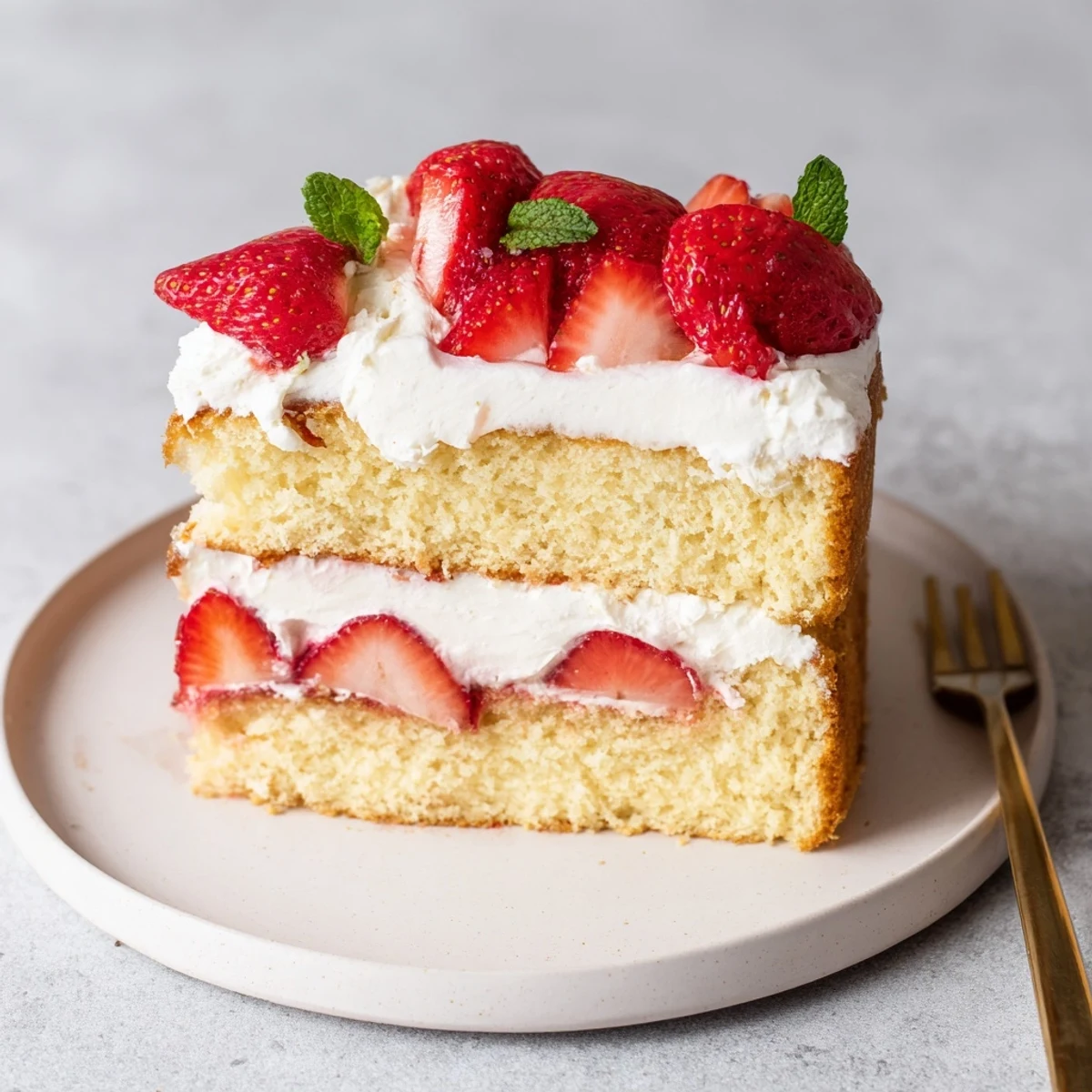 Close-up of layered Strawberries And Cream Sponge Cake, airy sponge and glossy berries