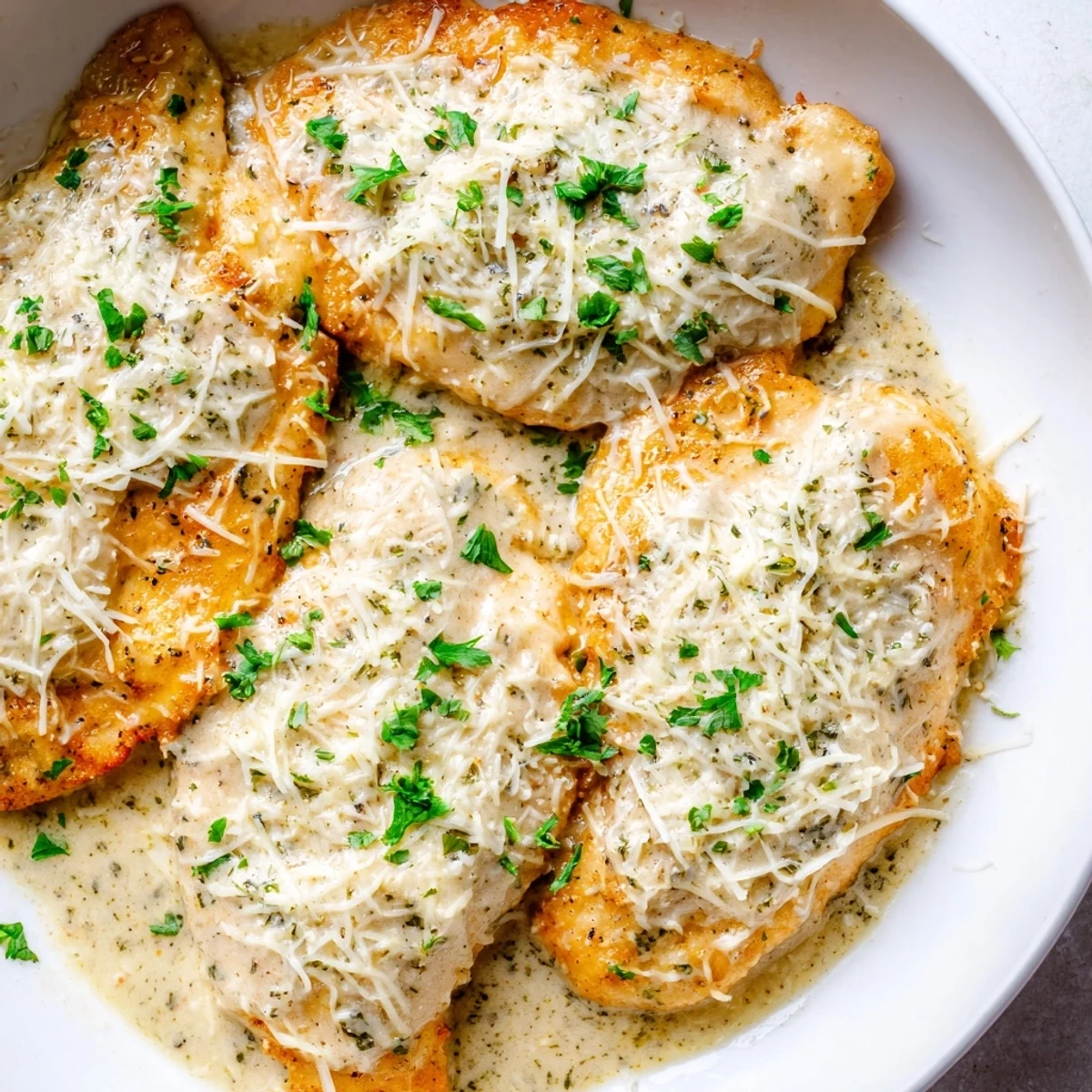 Baked Caesar Chicken With Creamy Parmesan Sauce, golden bubbly top, served with parsley