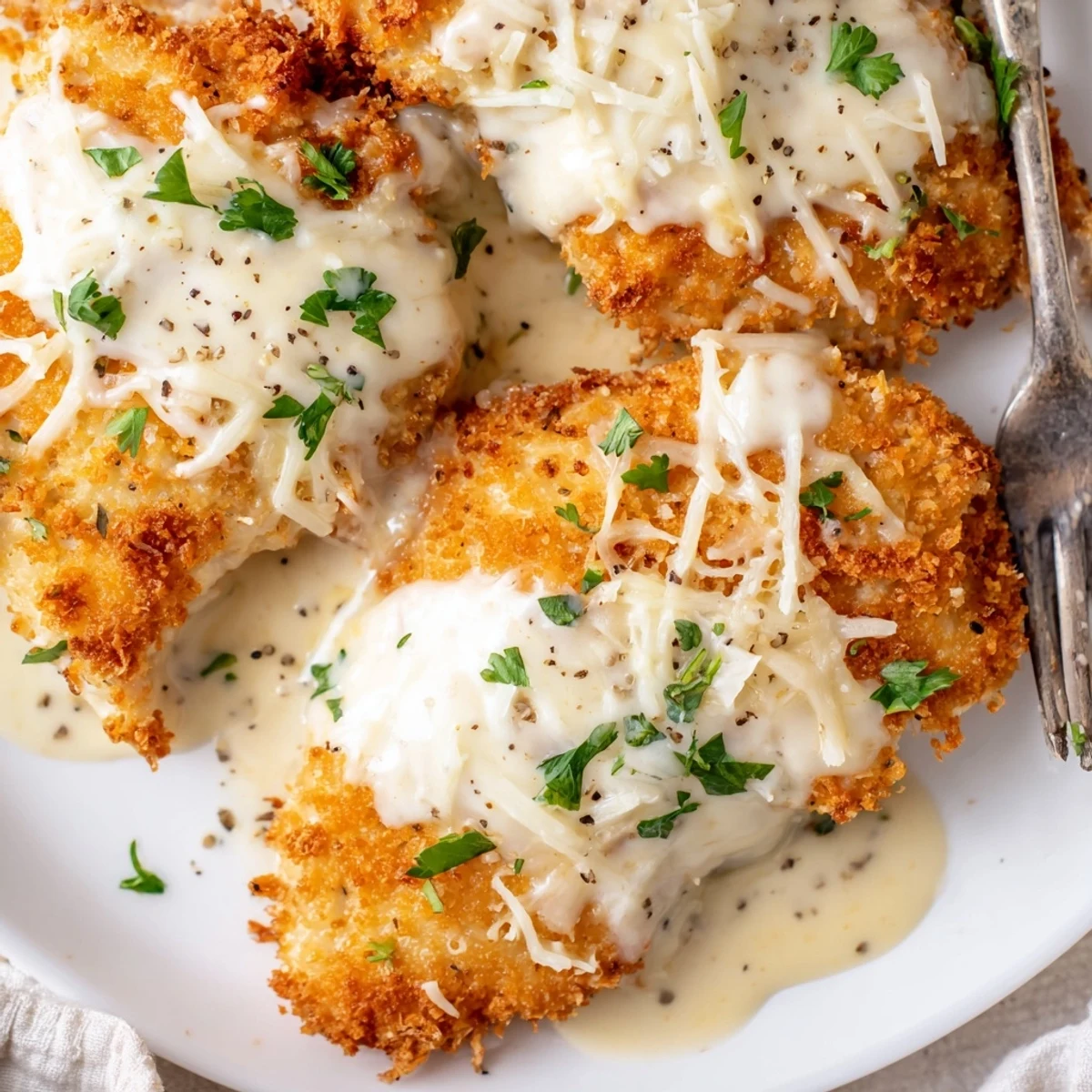 Fork-ready slices of Baked Caesar Chicken With Creamy Parmesan Sauce on plate