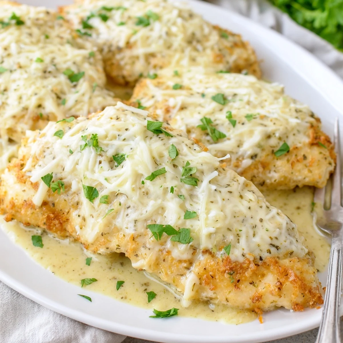 Warm Baked Caesar Chicken With Creamy Parmesan Sauce, tangy dressing, melted mozzarella topping