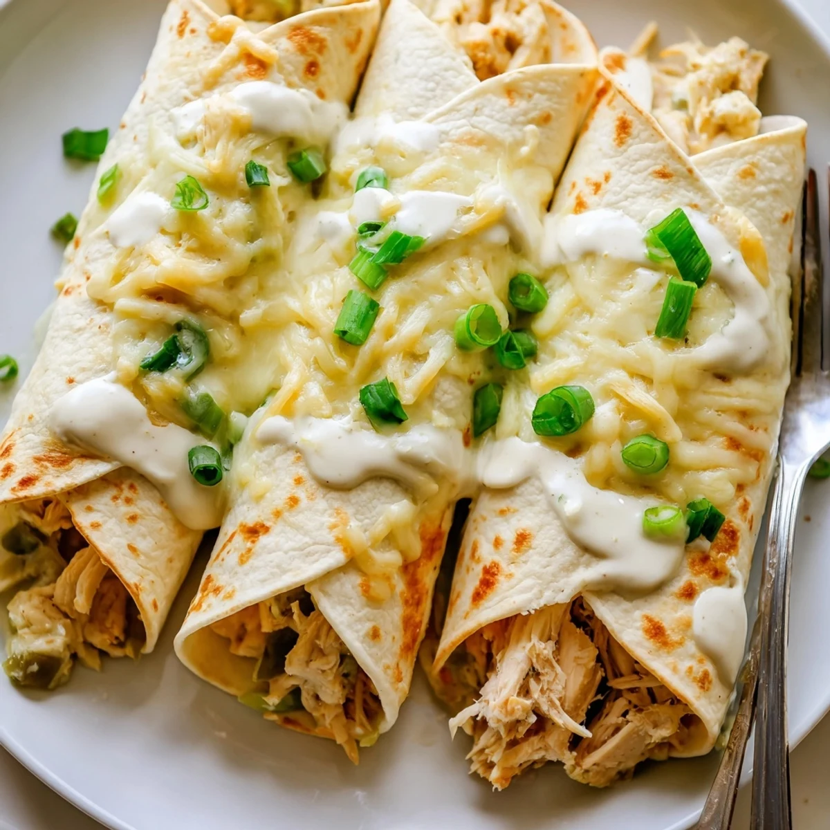 Shredded White Rotisserie Chicken Enchiladas arranged in dish, garnished with cilantro