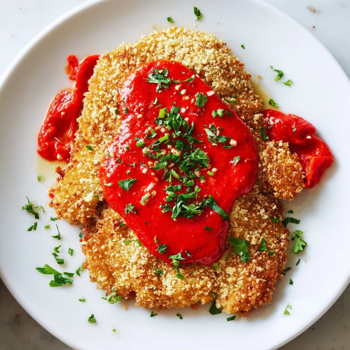Parmesan Roasted Red Pepper Chicken with golden crust and smoky, vibrant sauce