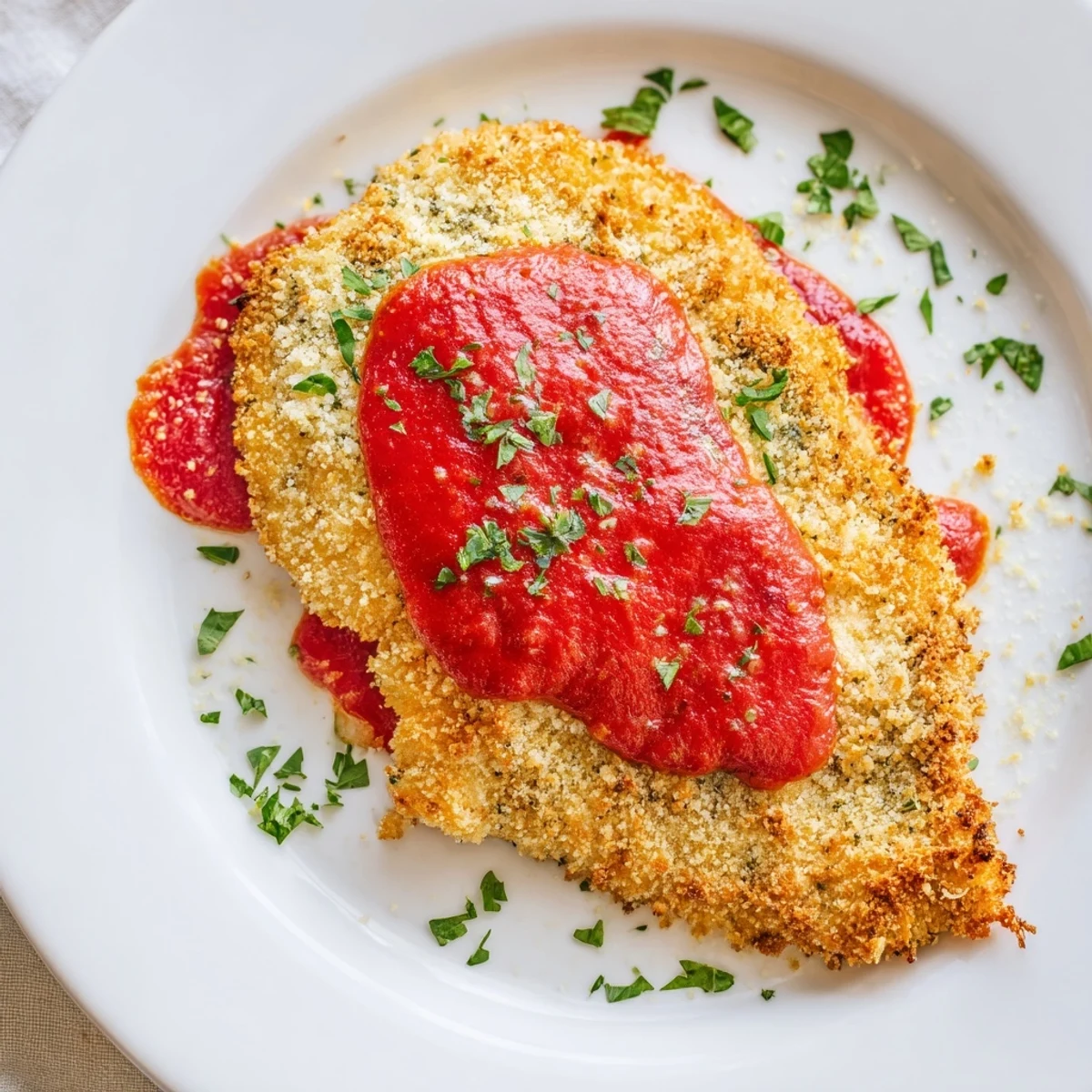 Sliced Parmesan Roasted Red Pepper Chicken served over pasta with parsley