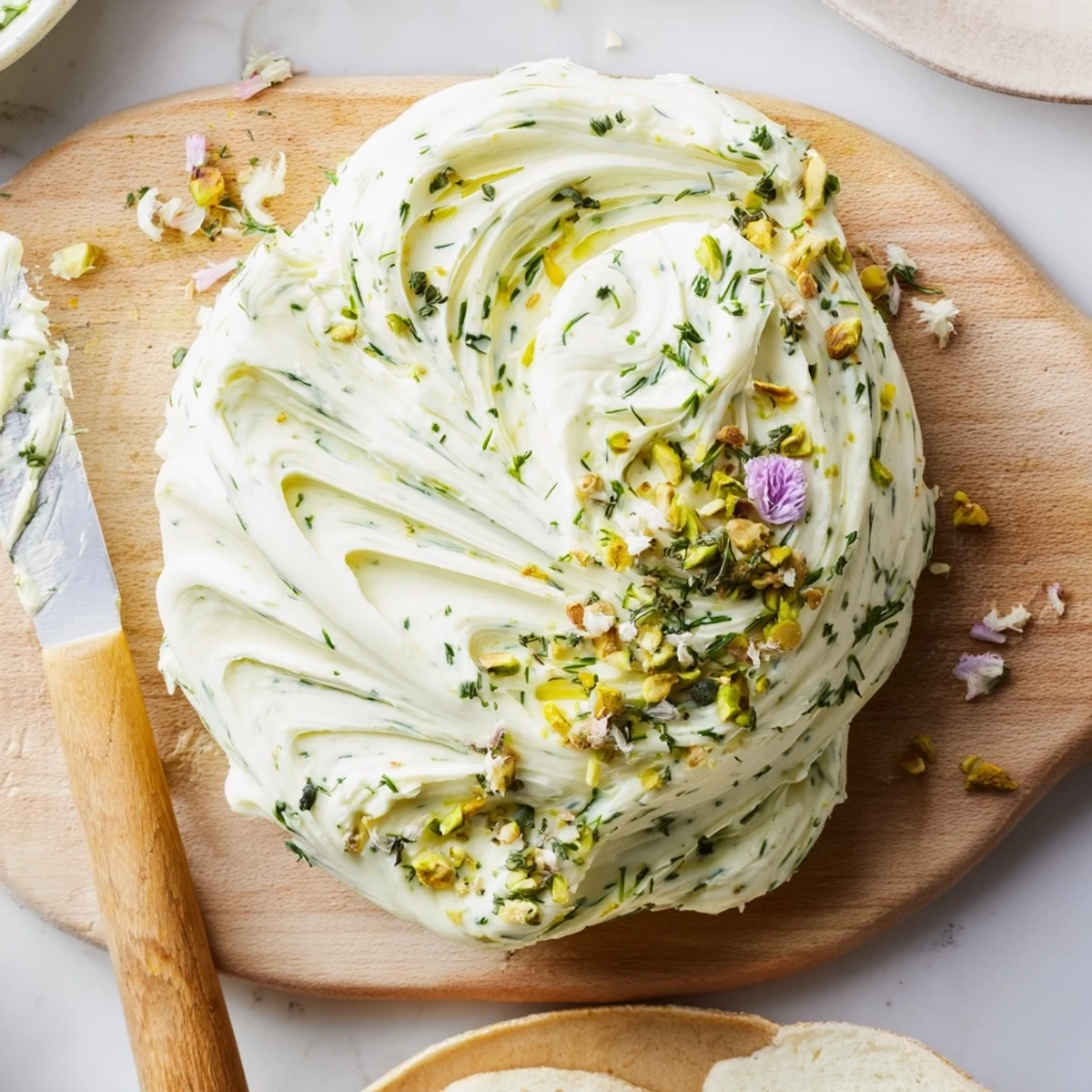 Rustic Creamy Herb Infused Butter Board topped with olive oil, flaky sea salt  