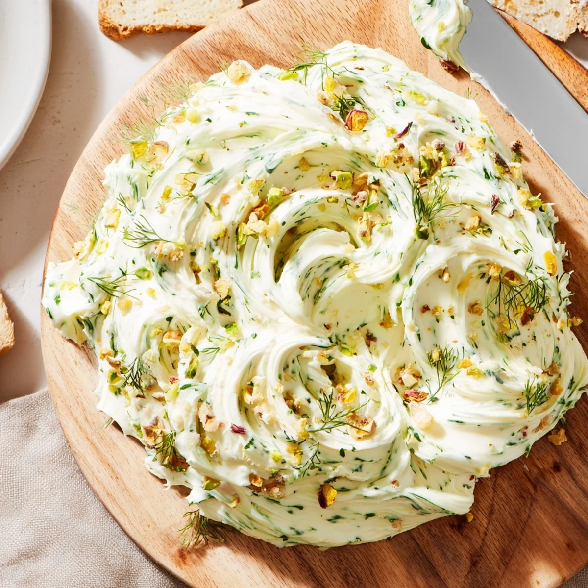A Rustic Creamy Herb Infused Butter Board garnished with chives, edible flowers  
