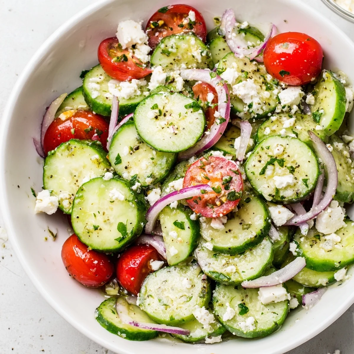 Cucumber Feta Salad With Lemon Greek Vinaigrette, crisp cucumbers and creamy feta.