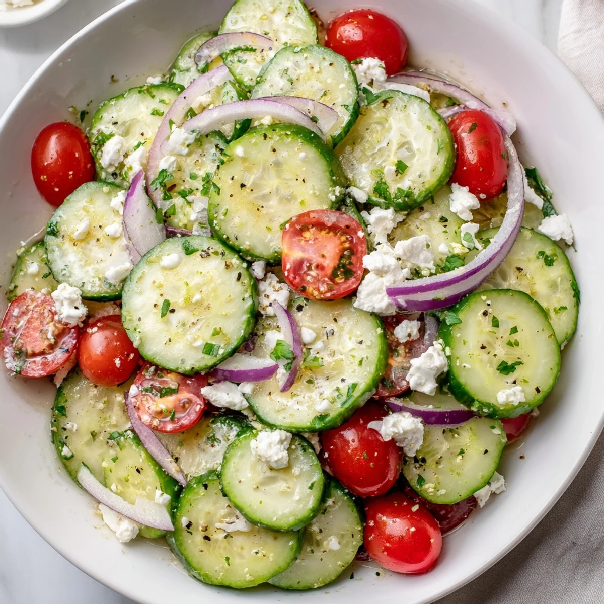 Bright Cucumber Feta Salad With Lemon Greek Vinaigrette, zesty lemon sheen and chopped parsley.