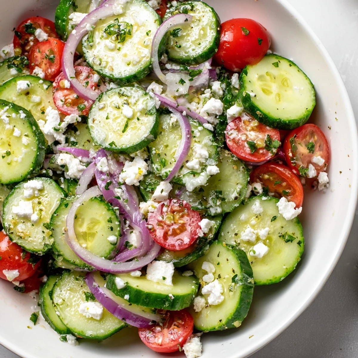 Cucumber Feta Salad With Lemon Greek Vinaigrette, herb-sprinkled, pairs well with grilled chicken.