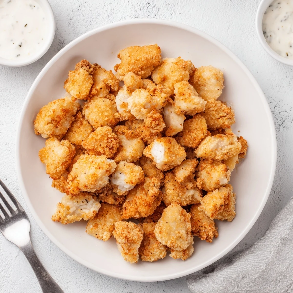 Golden, crispy Chicken Bites piled on a platter with ranch dipping sauce
