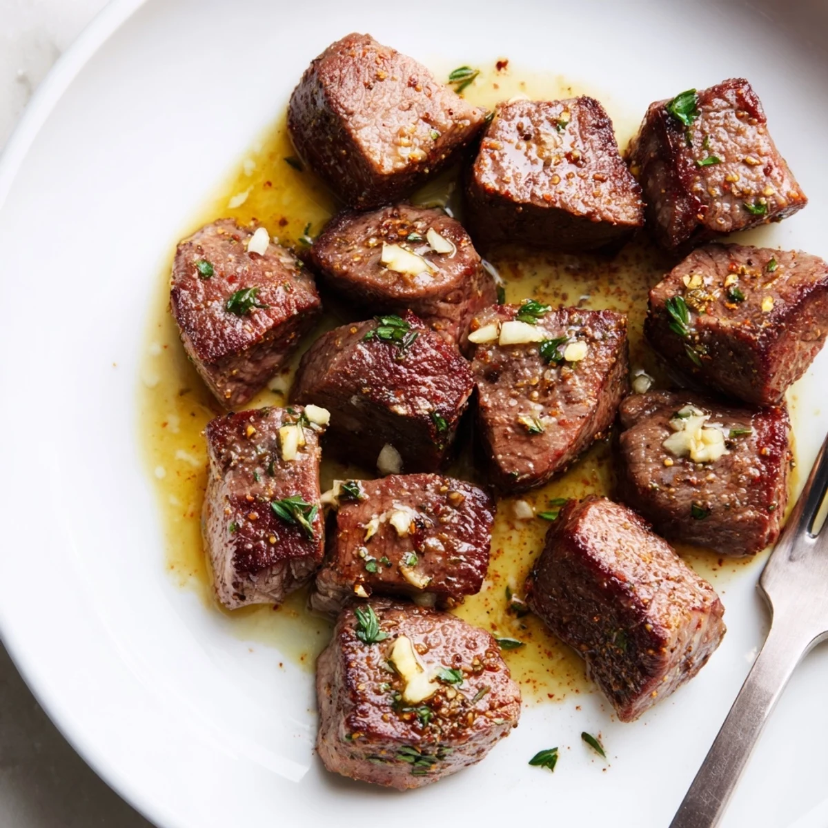 Garlic Butter Steak Bites sizzling in a cast-iron pan, golden crust