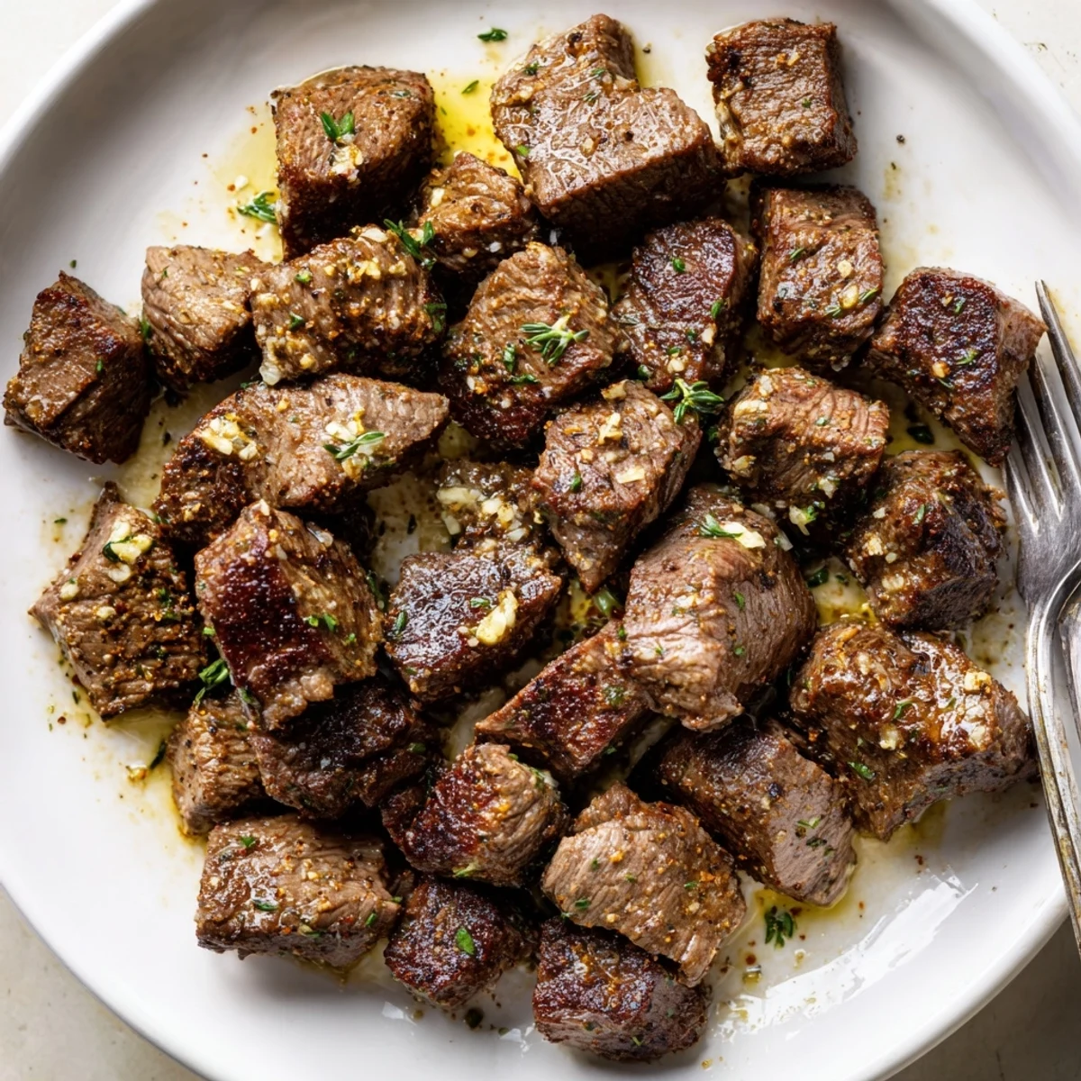 Close-up of Garlic Butter Steak Bites—tender cubes glazed with fragrant garlic