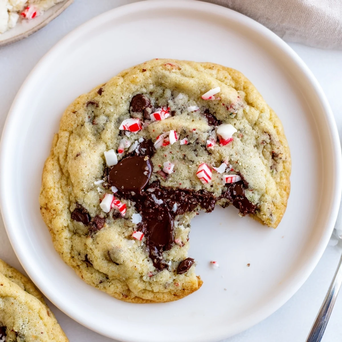 Peppermint Chocolate Chip Cookies cooling on rack, glossy chips and crushed candy.