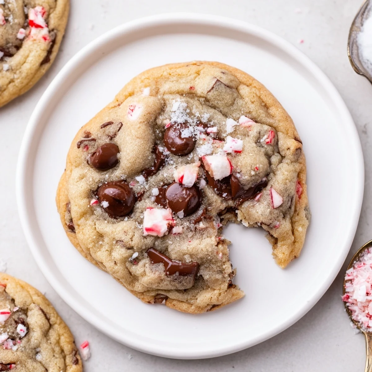 Stack of Peppermint Chocolate Chip Cookies served with steaming mug of cocoa.