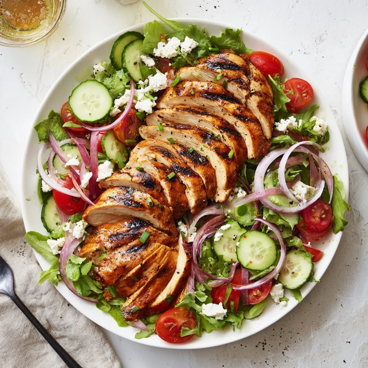 Grilled Chicken Salad Avocado Herb Dressing Recipe with sliced chicken over greens