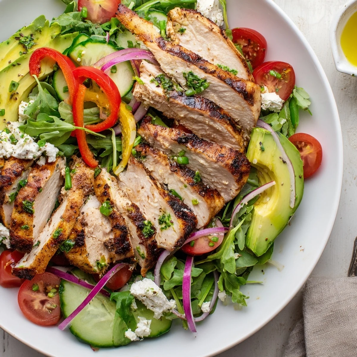 Bright Grilled Chicken Salad Avocado Herb Dressing Recipe drizzled, creamy, lime-scented