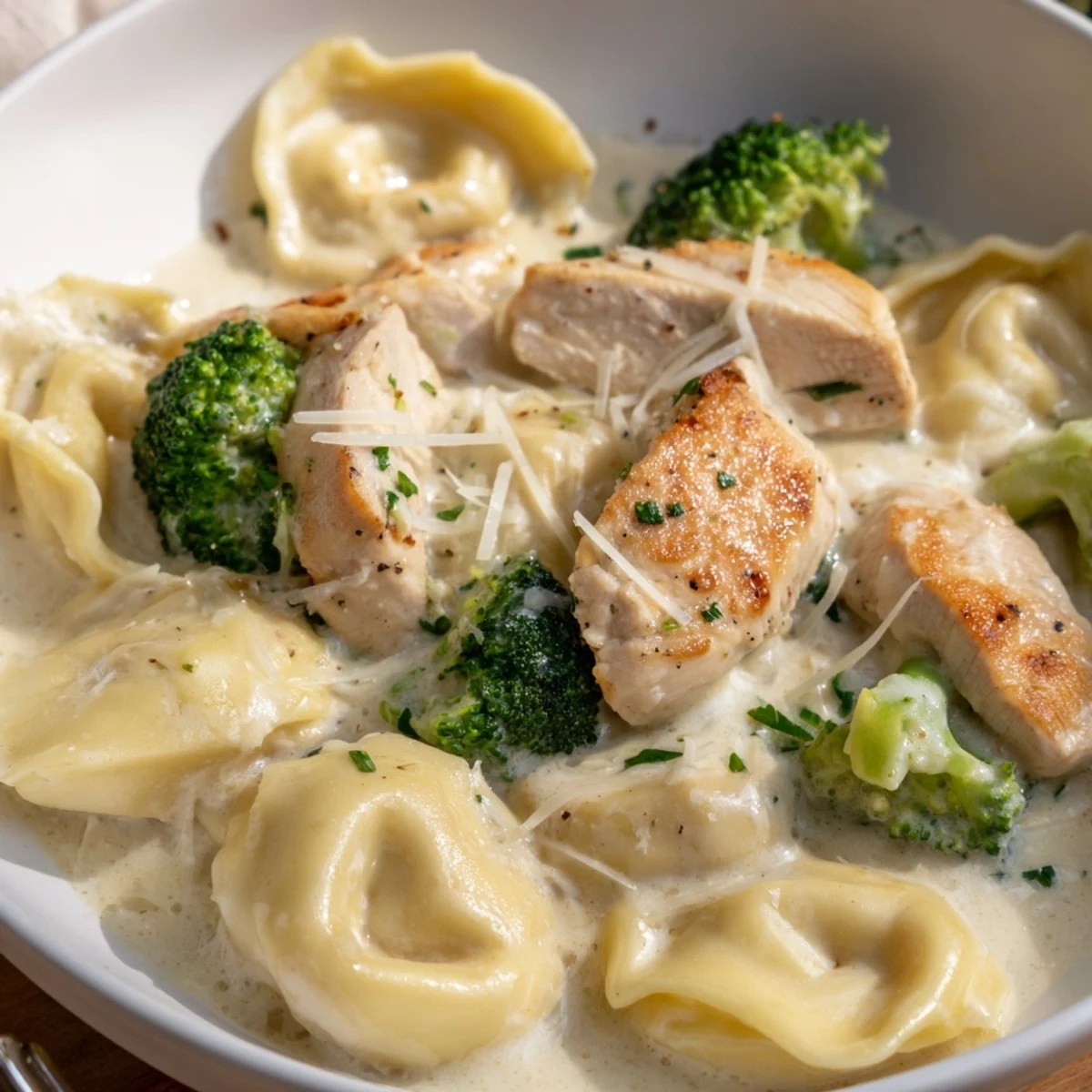 Creamy Garlic Parmesan Tortellini Chicken Broccoli Recipe steaming in skillet, rich garlic aroma