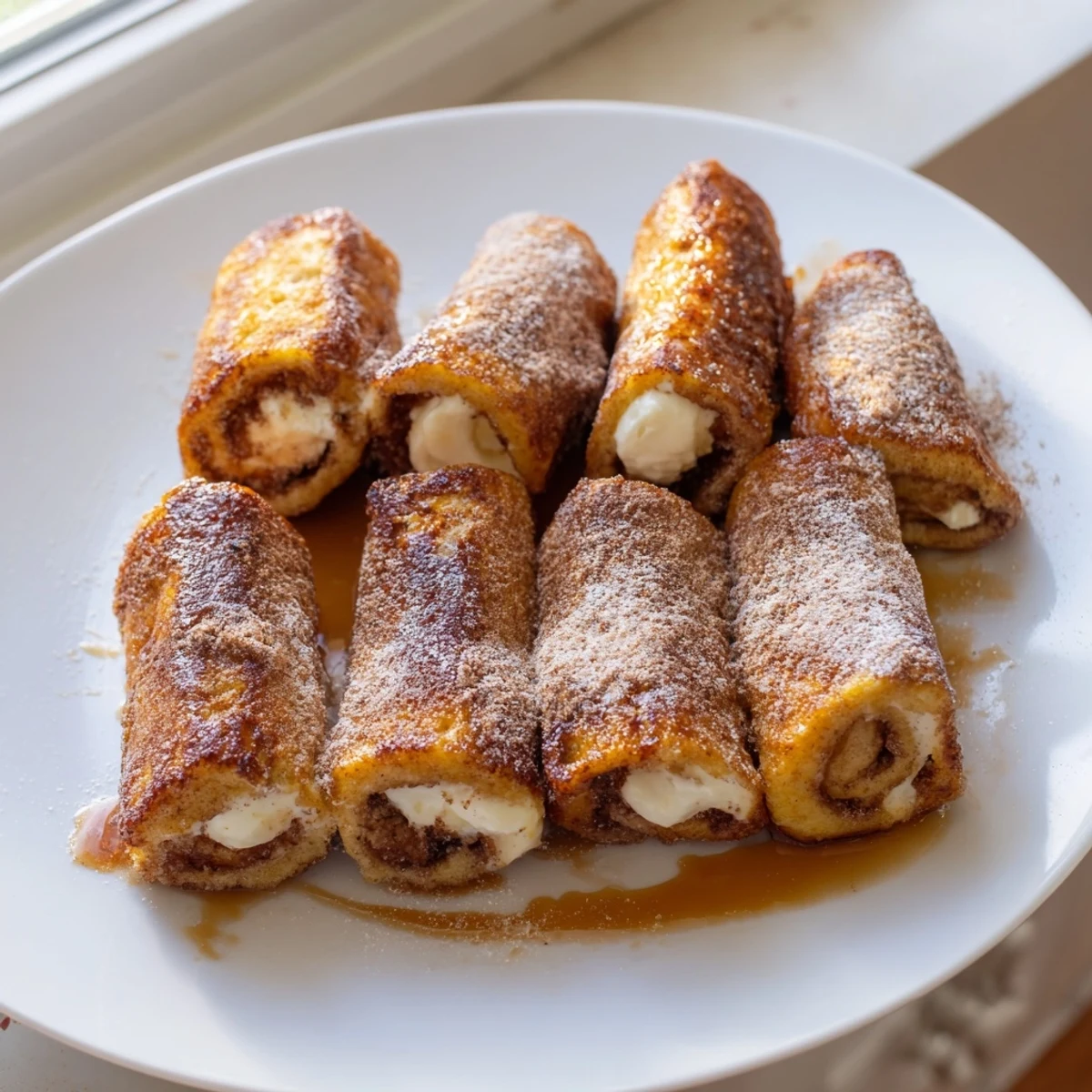 Warm Cinnamon Roll French Toast Roll Ups drizzled with maple syrup, whipped cream.