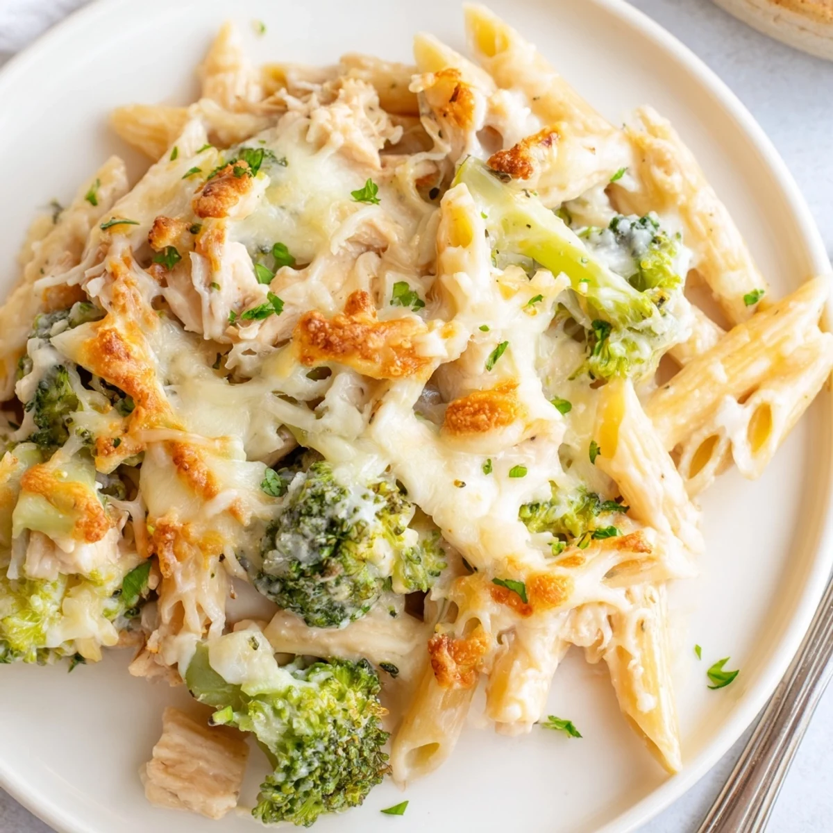 Creamy Chicken Broccoli Alfredo Bake bubbling with golden cheese, parsley garnish