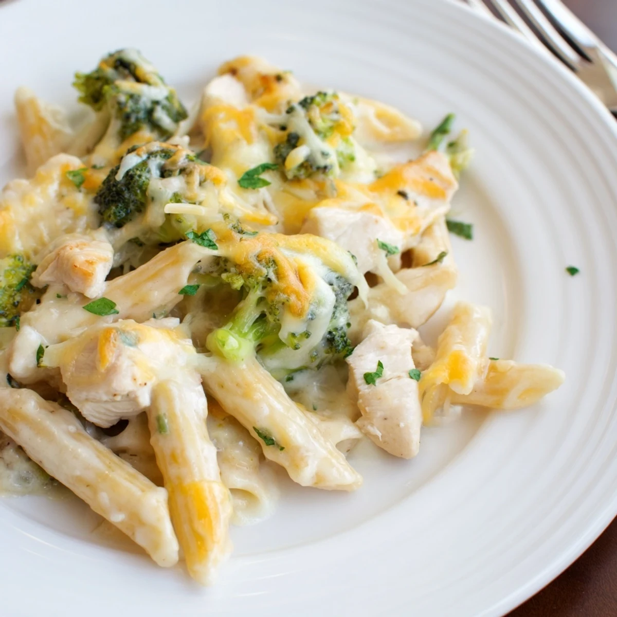 Savory Chicken Broccoli Alfredo Bake fresh from oven, served with garlic bread