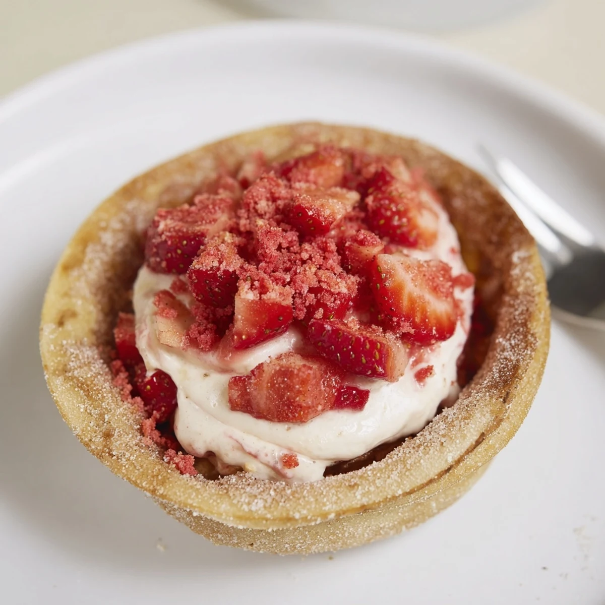 Creamy filling and diced berries inside Strawberry Crunch Cheesecake Tacos on platter.