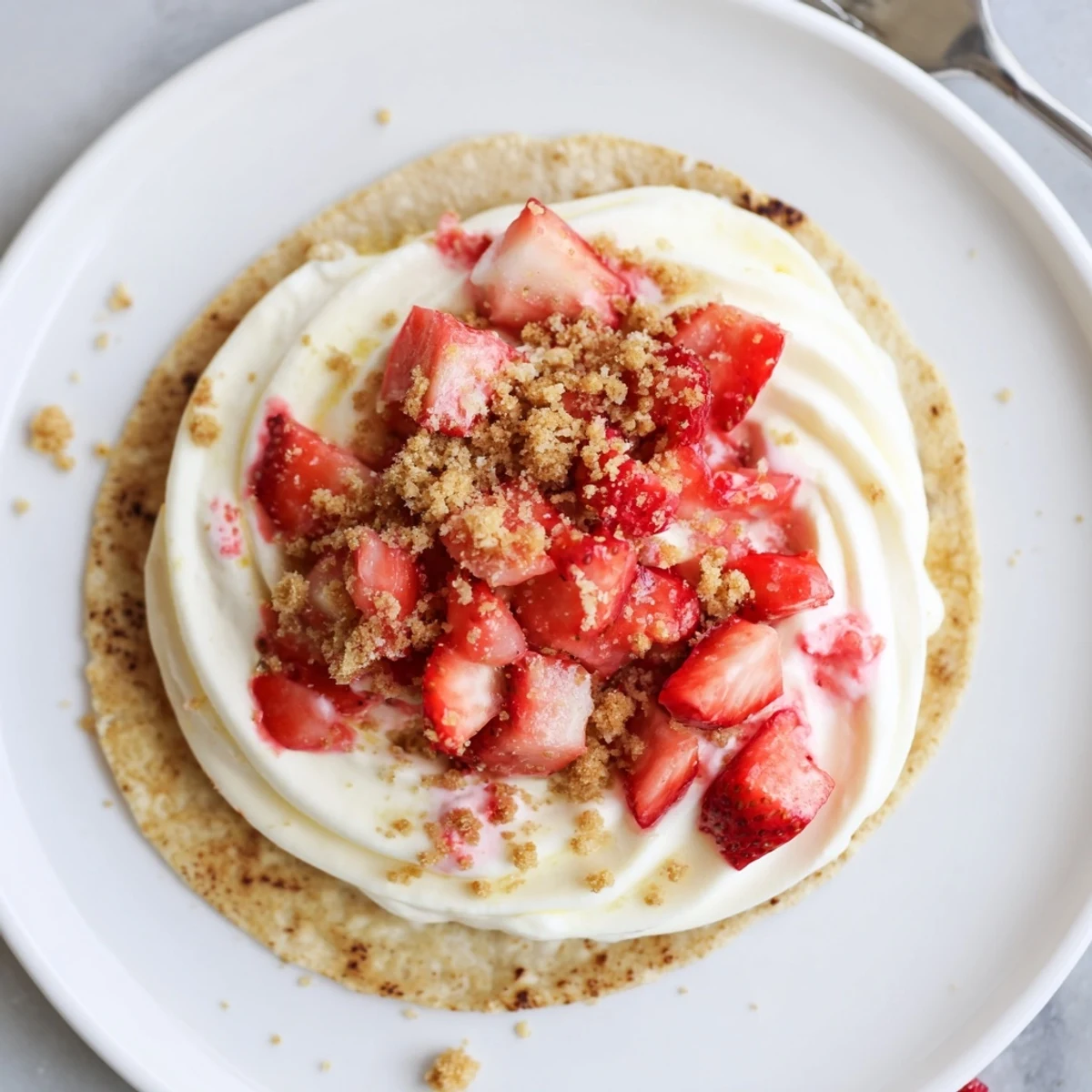 Golden cinnamon taco shells cradle chilled Strawberry Crunch Cheesecake Tacos for parties.