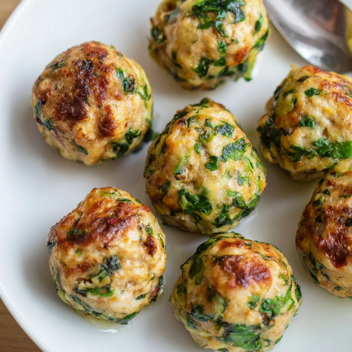 Low Carb Spinach Chicken Meatballs served over cauliflower rice with marinara drizzle