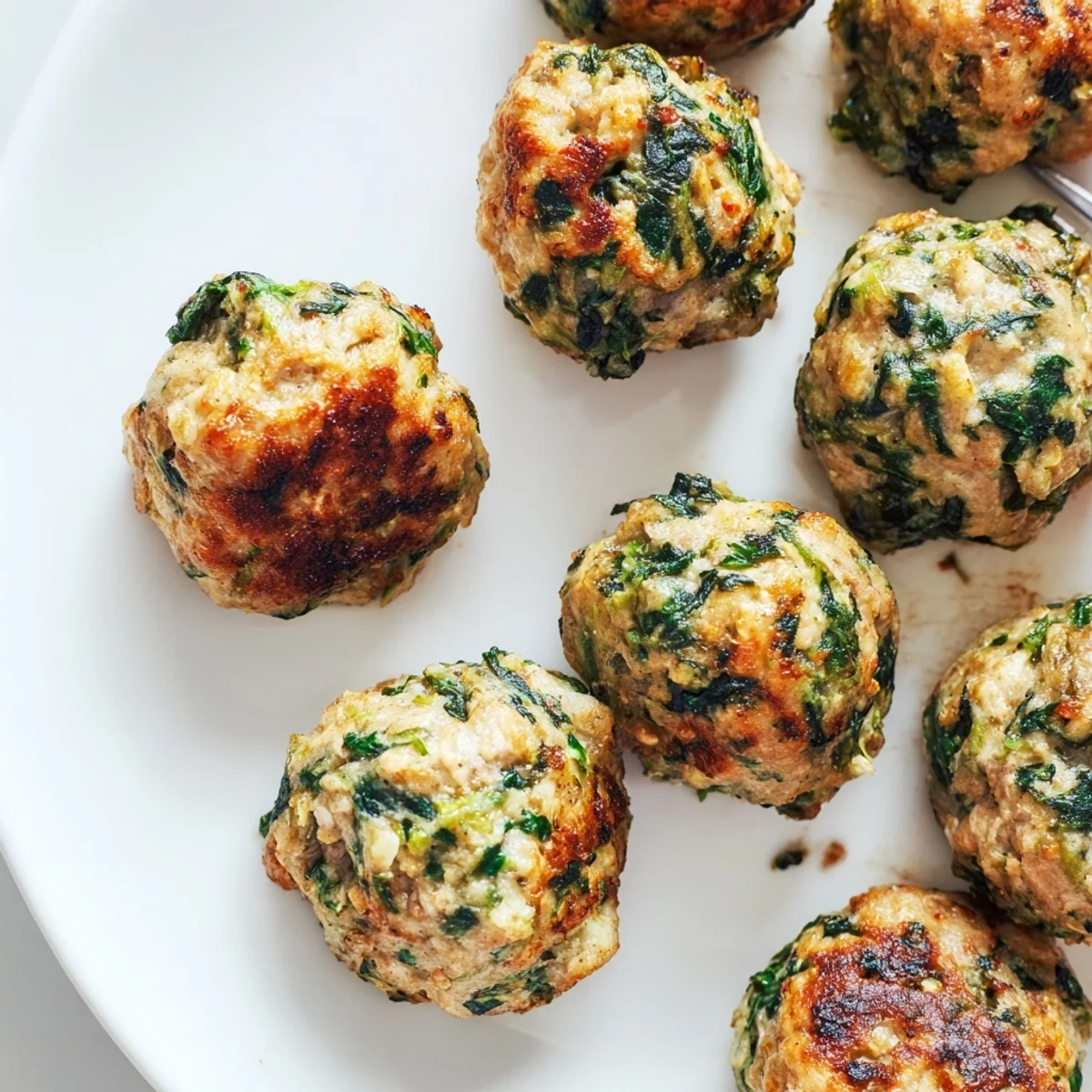 Low Carb Spinach Chicken Meatballs cooling on baking sheet, olive oil sheen