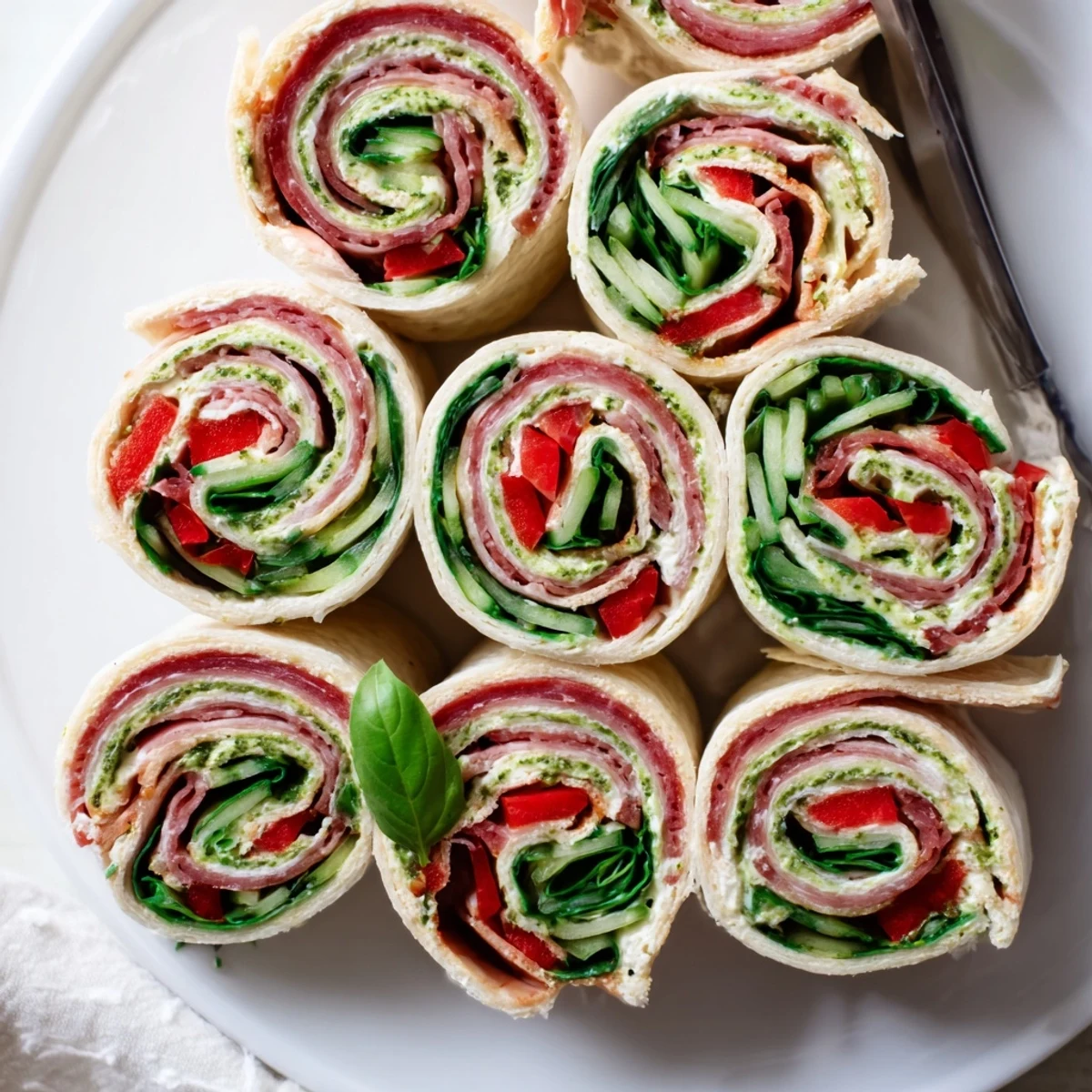 Chilled Italian Pinwheel Sandwiches sliced into spirals, creamy pesto and cream cheese