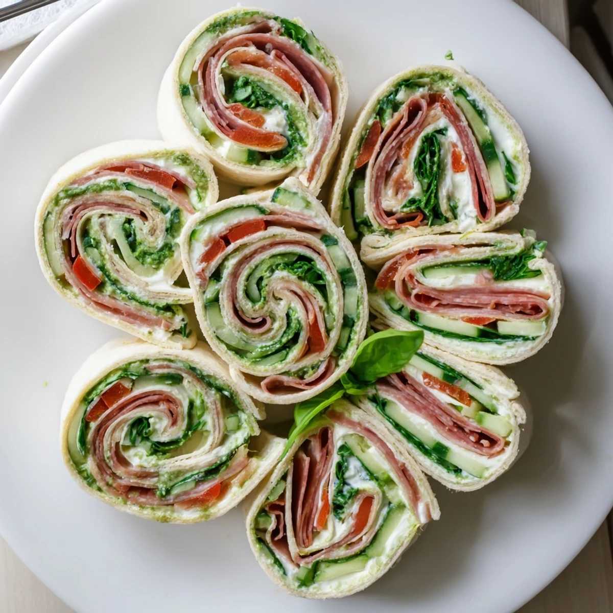 Italian Pinwheel Sandwiches on platter, colorful layers of salami, provolone, spinach