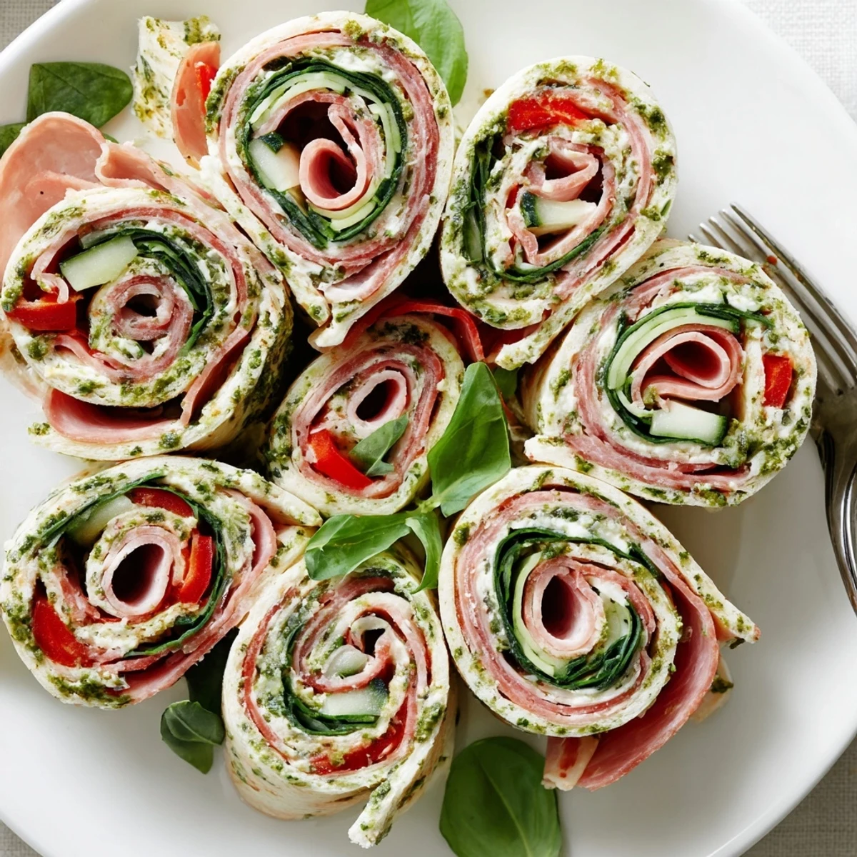Party ready Italian Pinwheel Sandwiches arranged with basil garnish and crunchy bell pepper