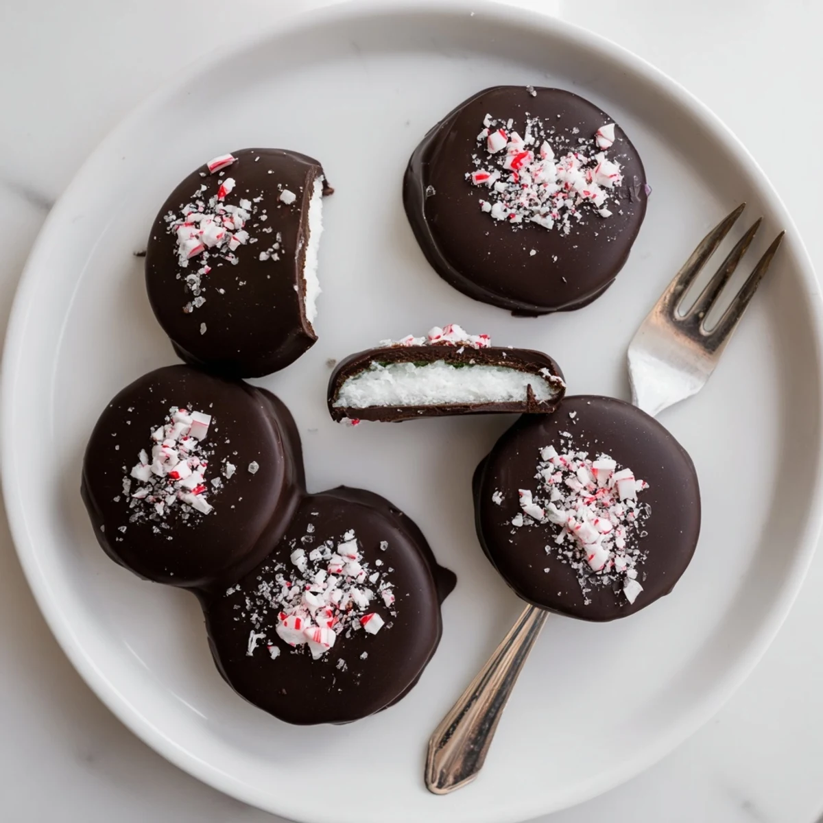 Peppermint Patties arranged on parchment, glossy dark chocolate coating and chilled.