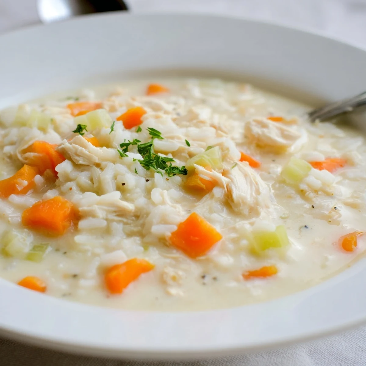 Creamy Chicken Rice Soup steaming in bowl, tender shreds and silky broth