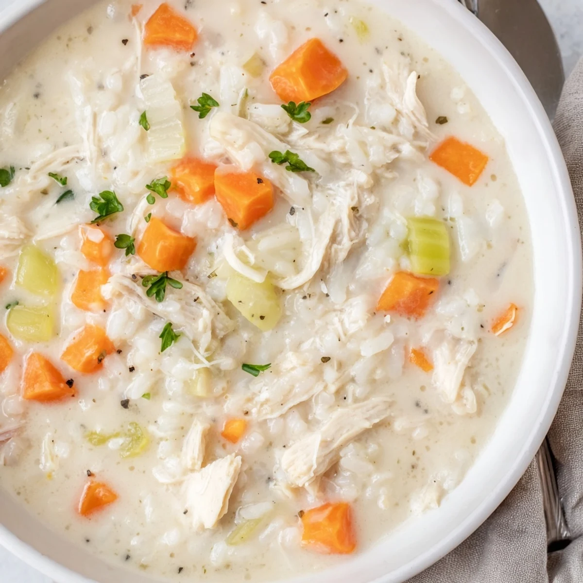 Bowl of Creamy Chicken Rice Soup garnished with parsley, crusty bread nearby