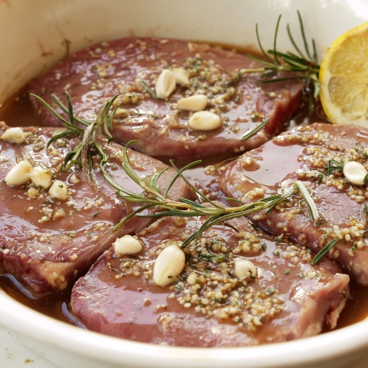Steak Marinade glistening on raw ribeyes, garlic aroma and herbs  