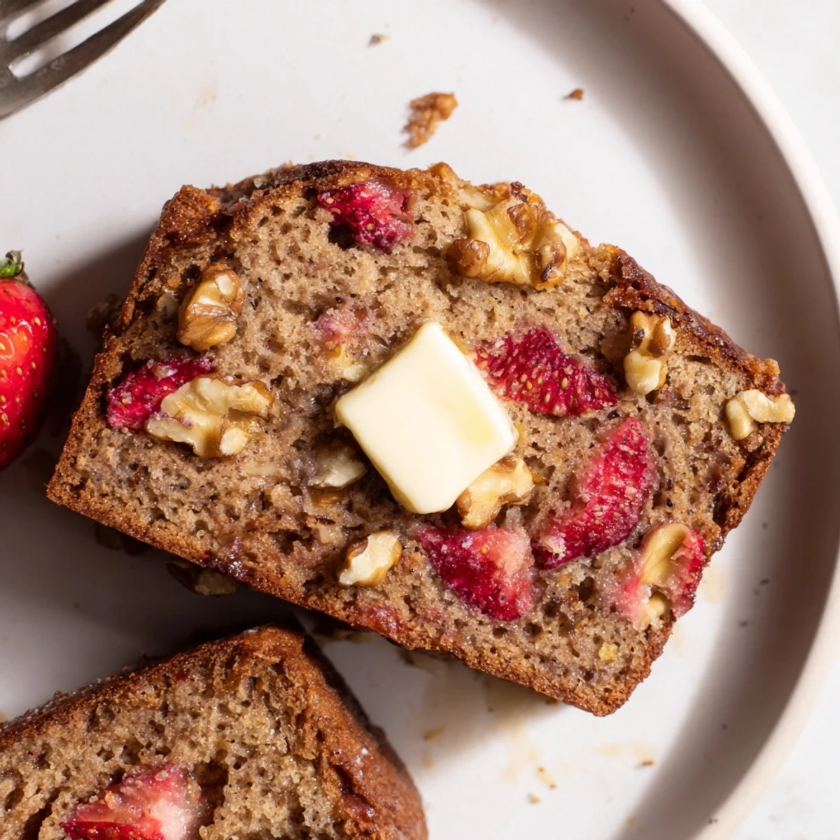 Loaf of Strawberry Banana Bread Recipe cooling on wire rack, moist and studded