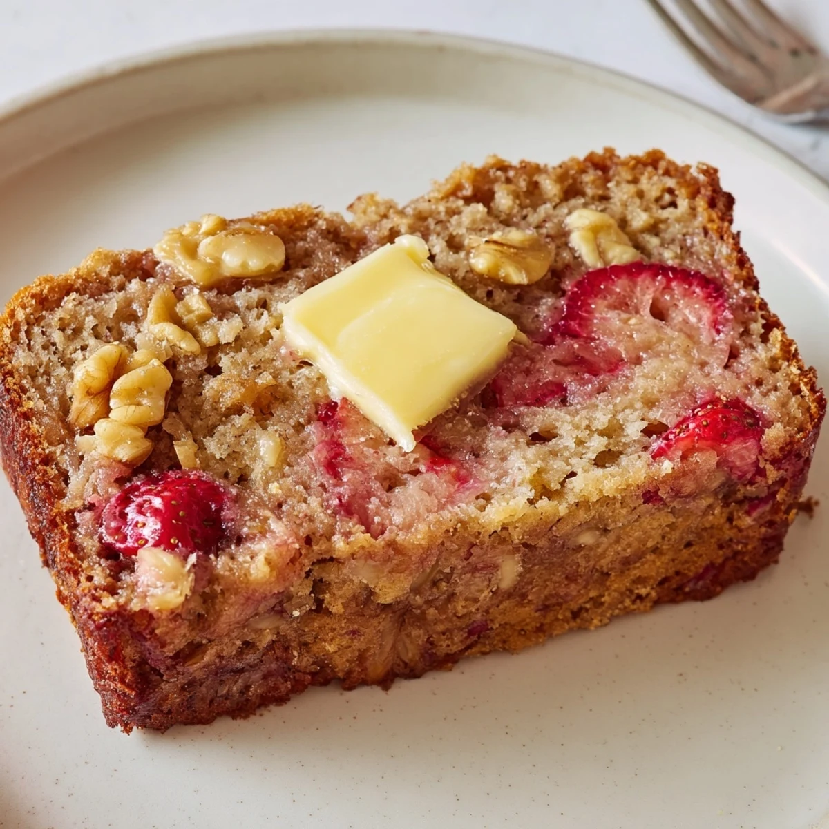Fresh from the oven Strawberry Banana Bread Recipe steaming, fragrant, topped with melted butter