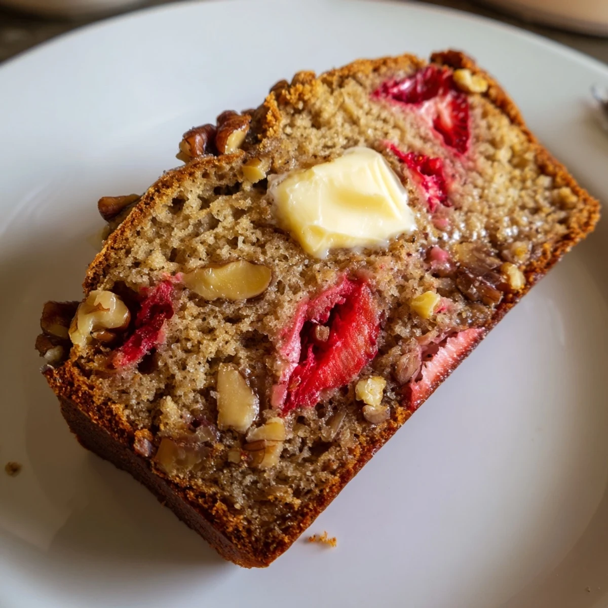 Golden crusted Strawberry Banana Bread Recipe sliced, showing soft pink swirls, banana specks