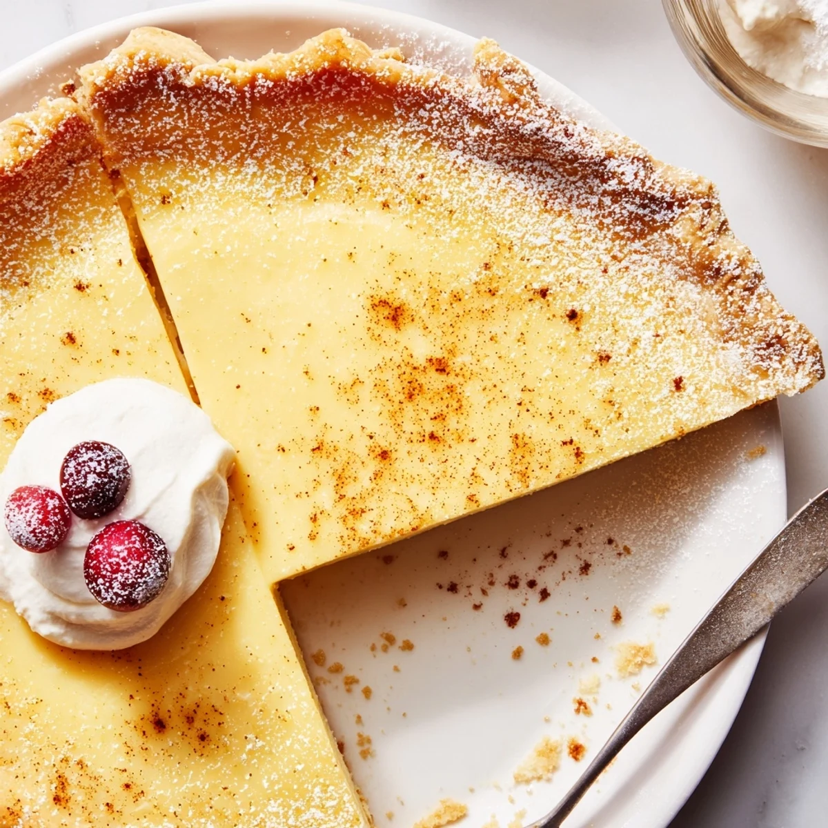 Warm aroma of spices surrounds Christmas Eve Custard Pie With Cinnamon Vanilla, oven-warm.
