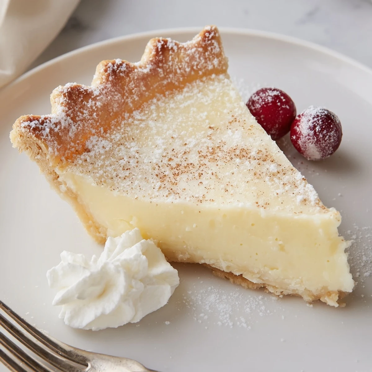 Slice of Christmas Eve Custard Pie With Cinnamon Vanilla topped with powdered sugar.